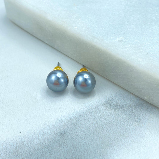 Stainless Steel 8mm Simulated Grey Pearl Stud Earrings, Timeless Jewelry, Wholesale Jewelry