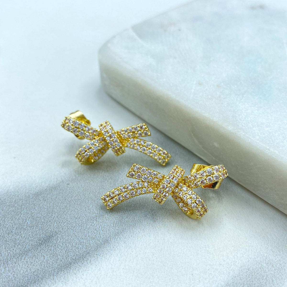 18k Gold Filled 29mm Ribbon Bow Stud Earrings with Micro Pave, Cubic Zirconia, Bow Stud Earrings, Wholesale Jewelry Making Supplies