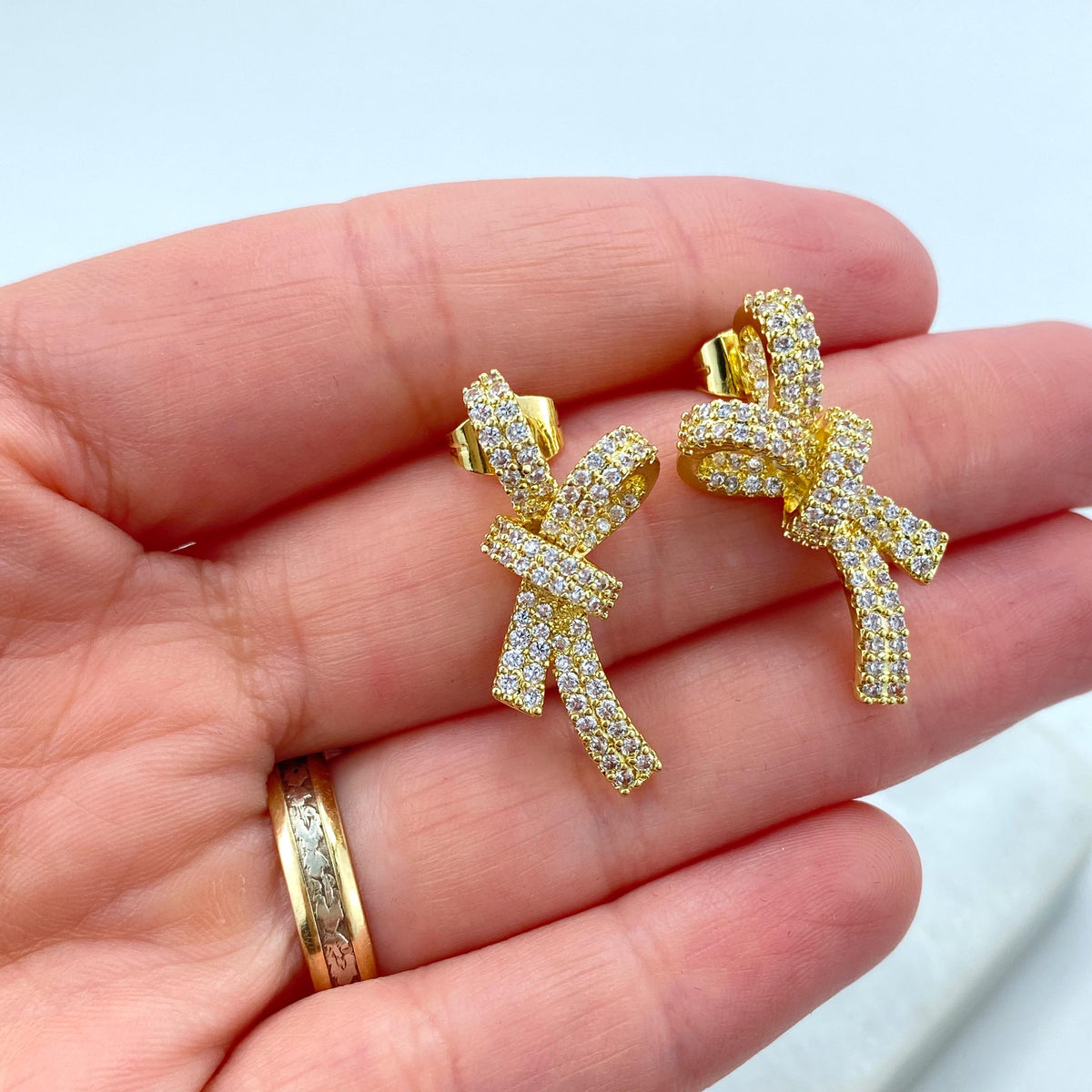 18k Gold Filled 29mm Ribbon Bow Stud Earrings with Micro Pave, Cubic Zirconia, Bow Stud Earrings, Wholesale Jewelry Making Supplies