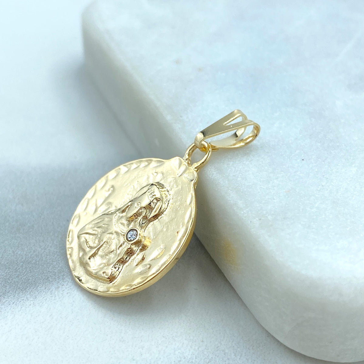 18k Gold Filled Clear Cubic Zirconia Santa Barbara, Saint Barbara Medallion Pendant, Round Religious Charm for Women, Wholesale Jewelry