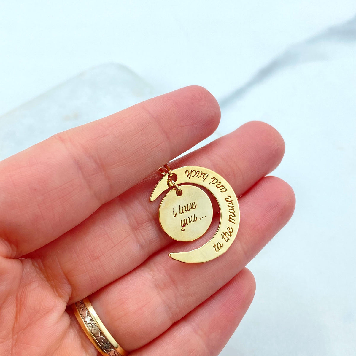 18k Gold Filled Pendant, "I Love You to the Moon and Back" Charm Pendant, Moon Charm, DIY Charm, Wholesale Jewelry Making Supplies