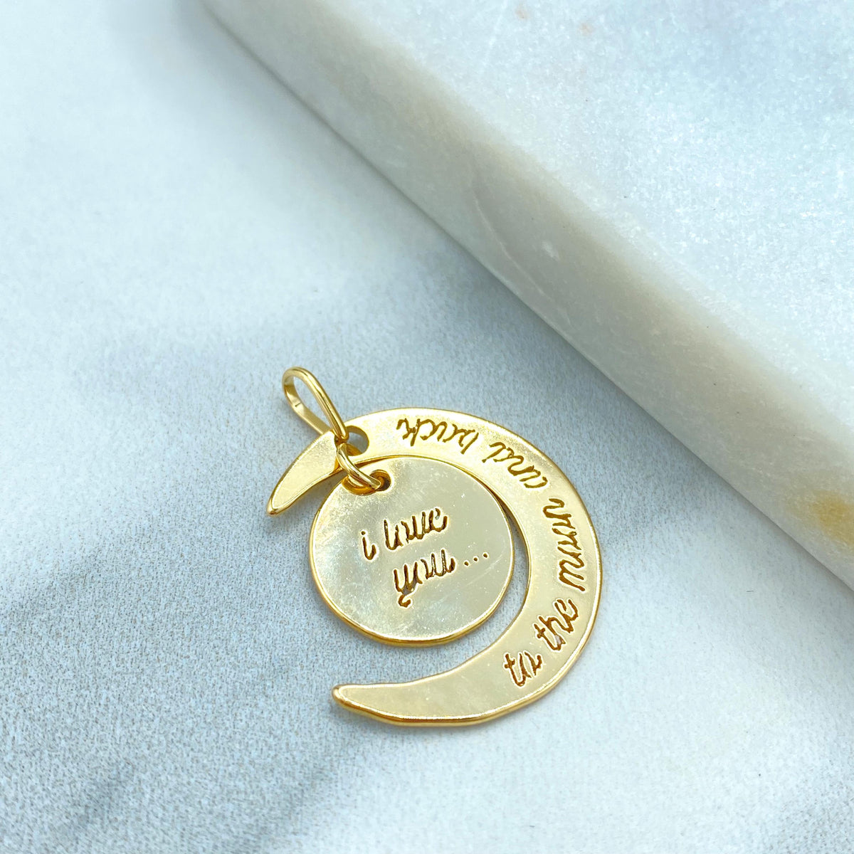 18k Gold Filled Pendant, "I Love You to the Moon and Back" Charm Pendant, Moon Charm, DIY Charm, Wholesale Jewelry Making Supplies