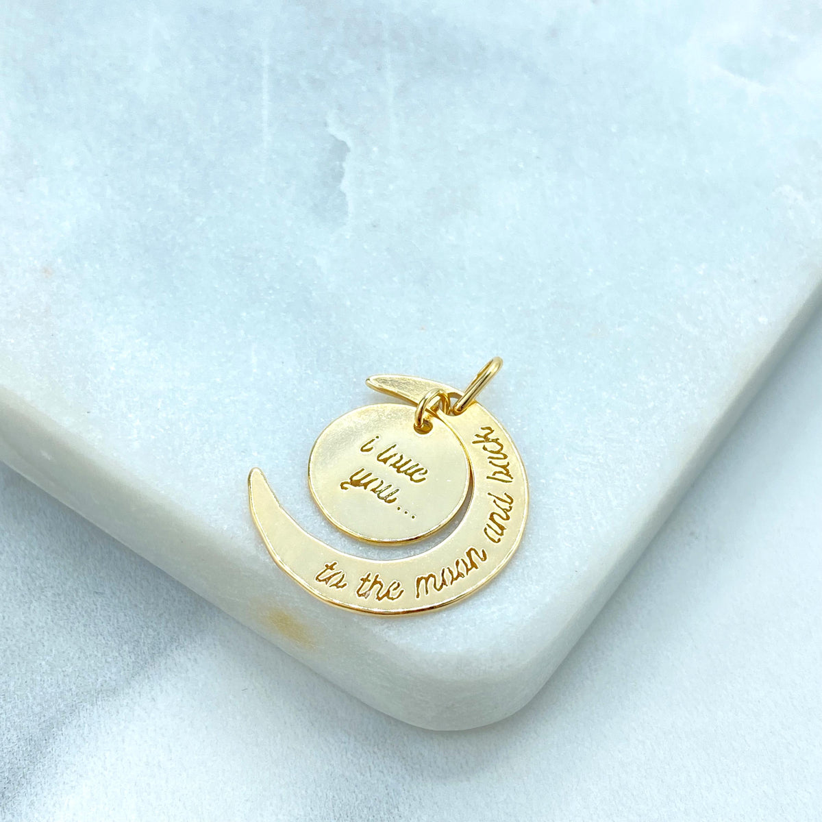 18k Gold Filled Pendant, "I Love You to the Moon and Back" Charm Pendant, Moon Charm, DIY Charm, Wholesale Jewelry Making Supplies