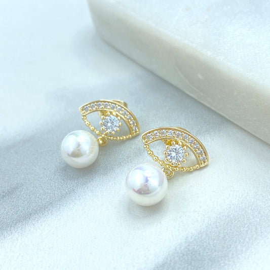 18k Gold Filled Eye of Emotions Studs, Cubic Zirconia Evil Eye Earrings with Dangle Pearl, Protection Stud Earrings, Wholesale Jewelry