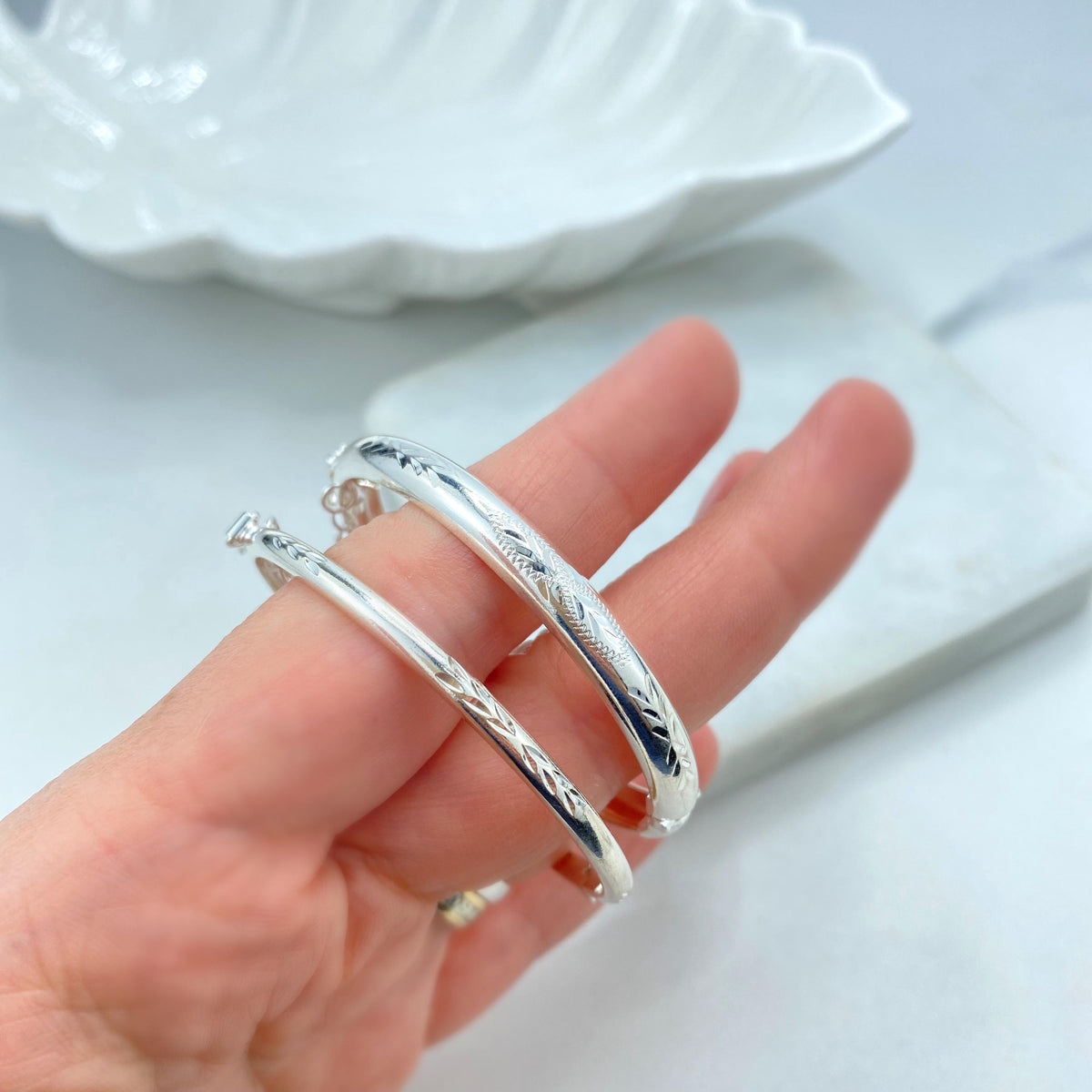 Silver Filled Bangle Bracelets with Safety Clasp and Chain, Florentine Engraved, Available in Adult and Kids Sizes, Wholesale Jewelry