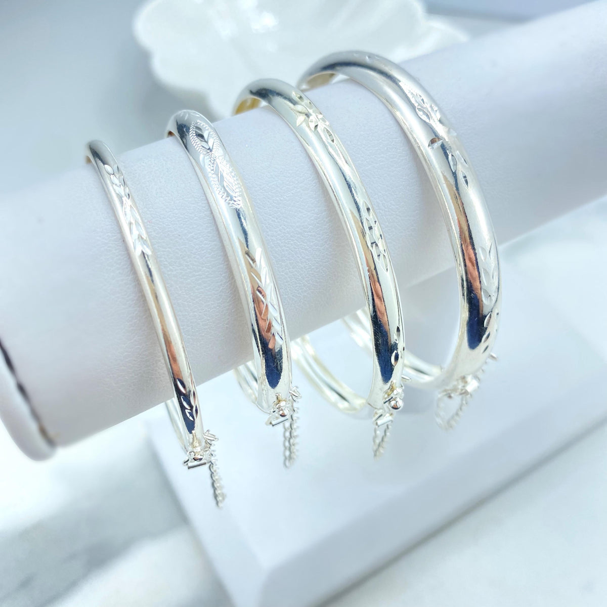 Silver Filled Bangle Bracelets with Safety Clasp and Chain, Florentine Engraved, Available in Adult and Kids Sizes, Wholesale Jewelry