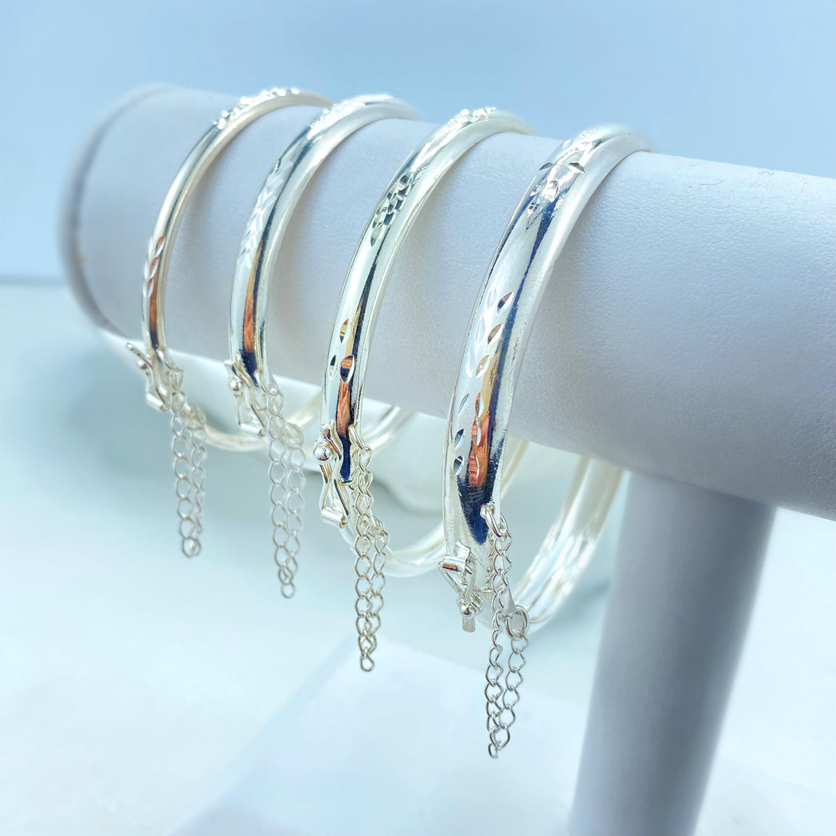 Silver Filled Bangle Bracelets with Safety Clasp and Chain, Florentine Engraved, Available in Adult and Kids Sizes, Wholesale Jewelry
