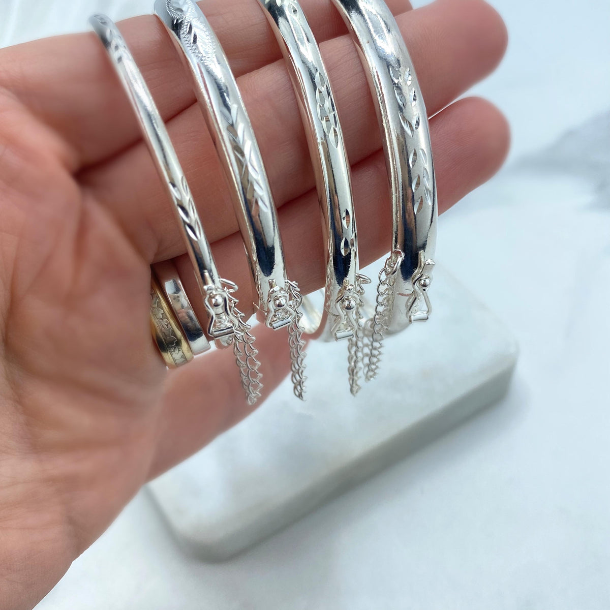 Silver Filled Bangle Bracelets with Safety Clasp and Chain, Florentine Engraved, Available in Adult and Kids Sizes, Wholesale Jewelry