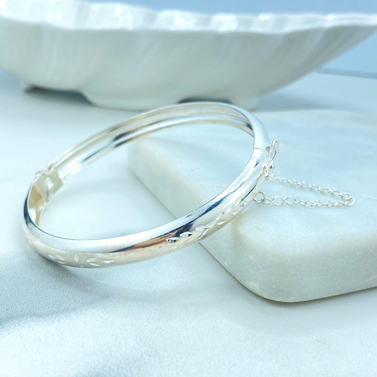 Silver Filled Bangle Bracelets with Safety Clasp and Chain, Florentine Engraved, Available in Adult and Kids Sizes, Wholesale Jewelry