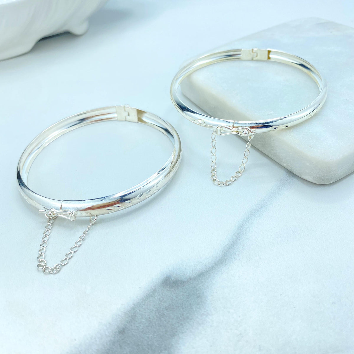 Silver Filled Bangle Bracelets with Safety Clasp and Chain, Florentine Engraved, Available in Adult and Kids Sizes, Wholesale Jewelry