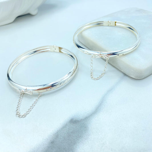 Silver Filled Bangle Bracelets with Safety Clasp and Chain, Florentine Engraved, Available in Adult and Kids Sizes, Wholesale Jewelry