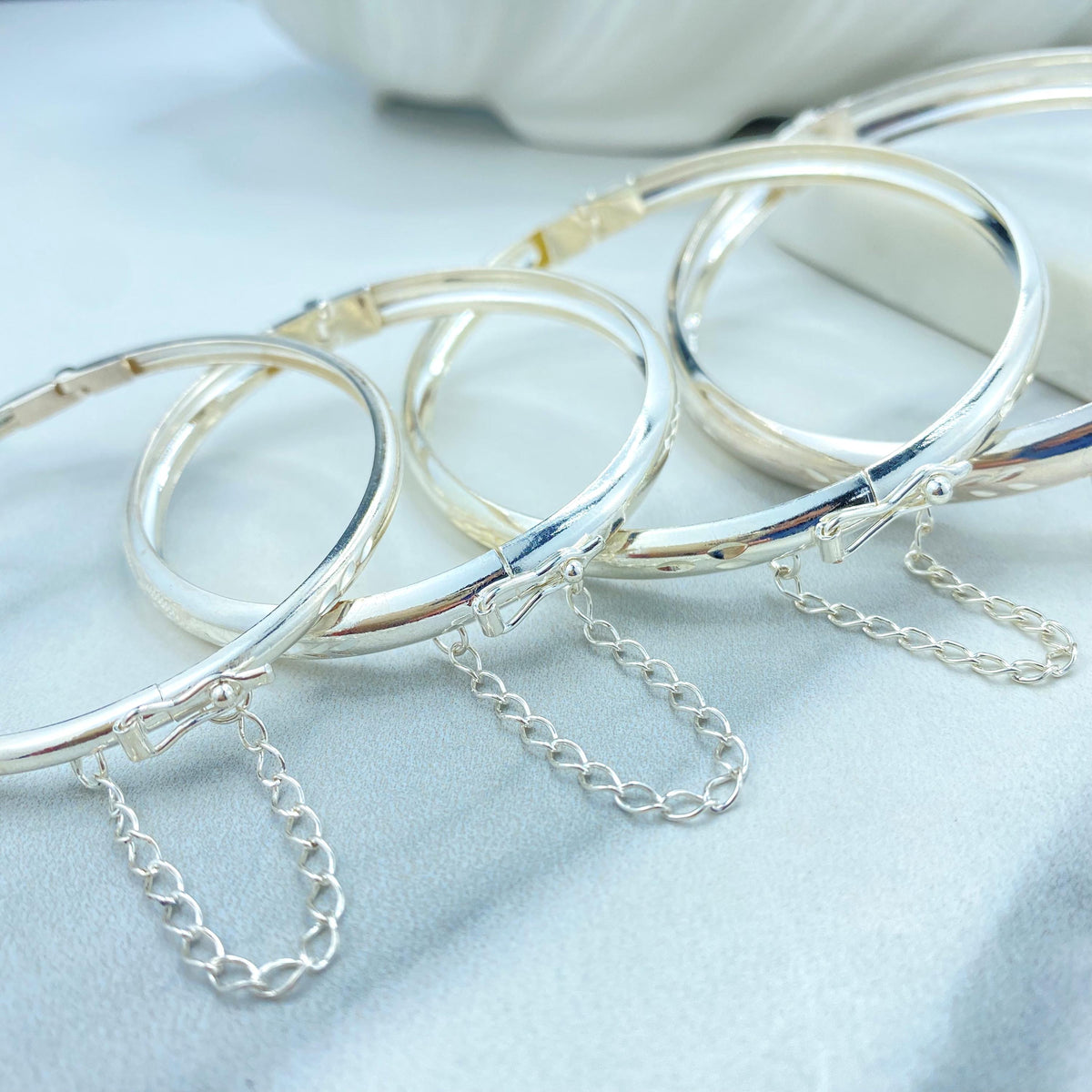 Silver Filled Bangle Bracelets with Safety Clasp and Chain, Florentine Engraved, Available in Adult and Kids Sizes, Wholesale Jewelry