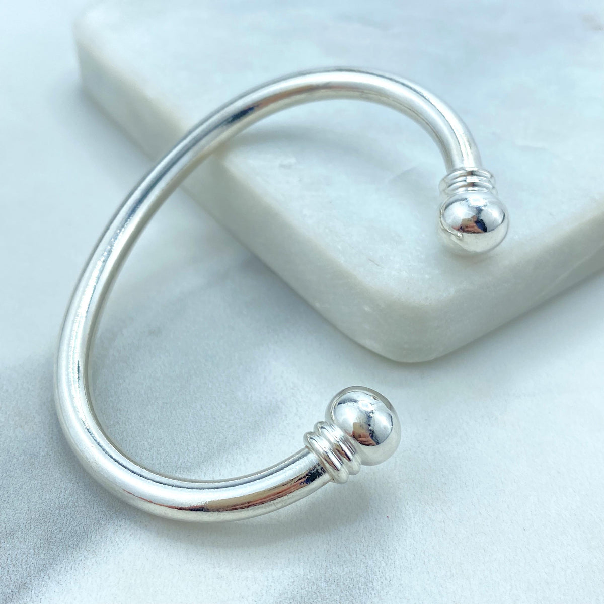 Silver Filled Bangle Featuring Two Solid Balls On Top, Cuff Bracelets, C-Shaped, Classic Bracelet, Fine Bracelet, Wholesale Jewelry Supplies