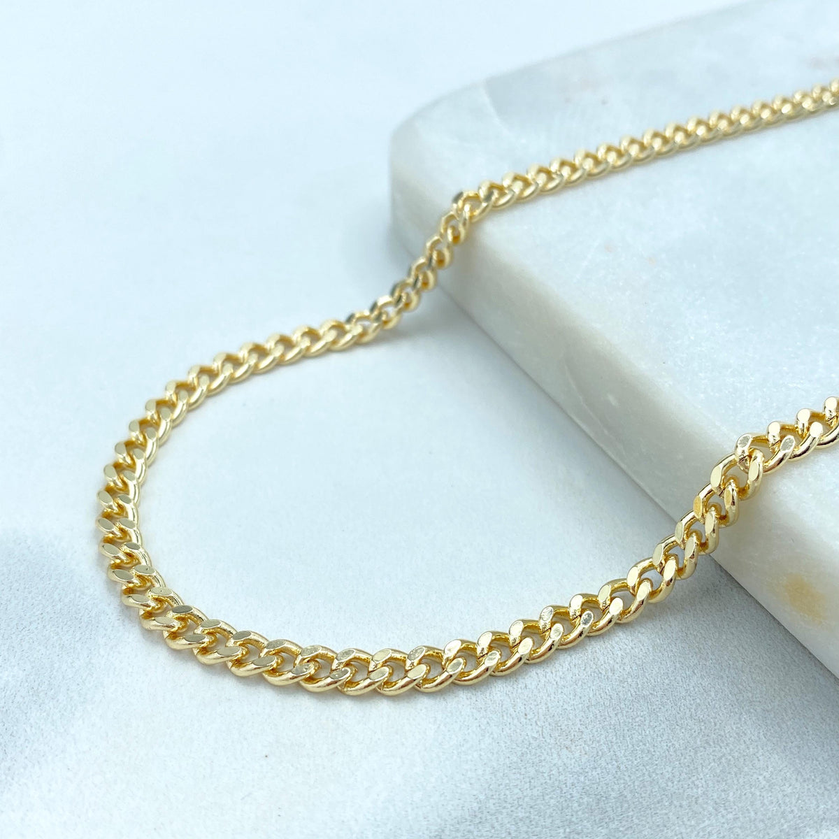 18k Gold Filled 4mm Flat & Polished Curb Link Chain or Bracelet or Anklet, Cuban Link Chain in various lengths, Wholesale Jewelry
