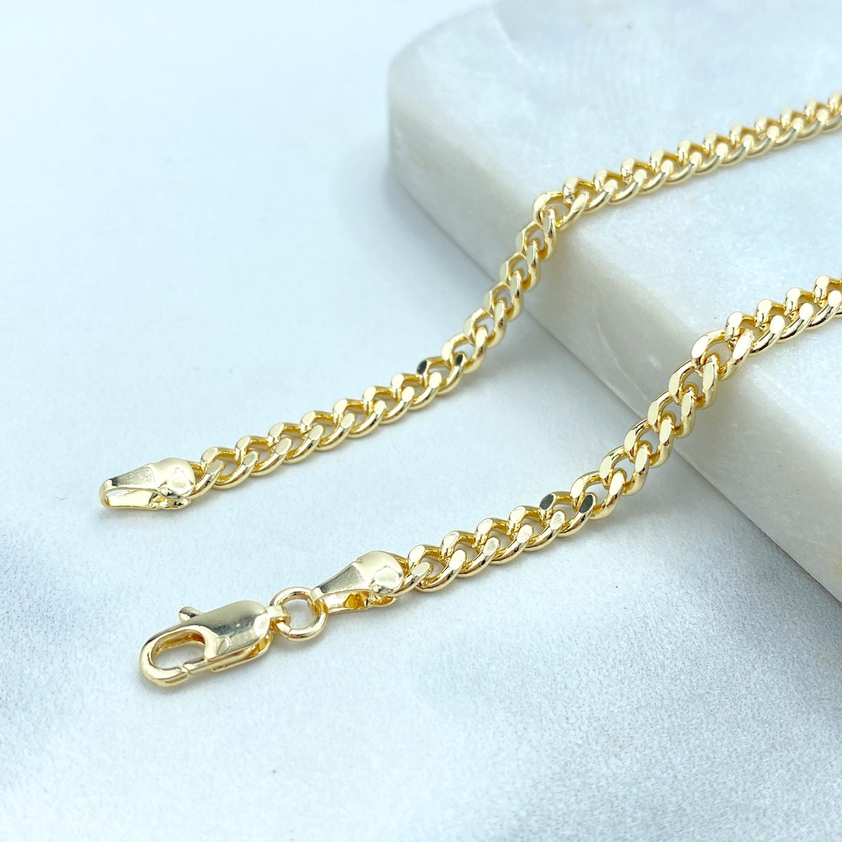 18k Gold Filled 4mm Flat & Polished Curb Link Chain or Bracelet or Anklet, Cuban Link Chain in various lengths, Wholesale Jewelry