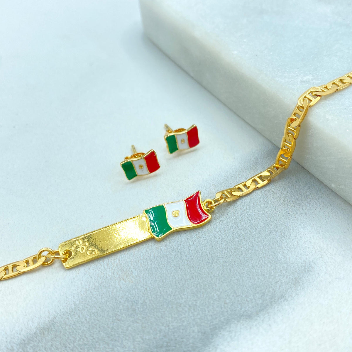18K Gold Filled and Enamel Mexican Flag ID Mariner Link Bracelet or Stud Earrings Mexican Flag, Patriot Jewelry, Wholesale Jewelry