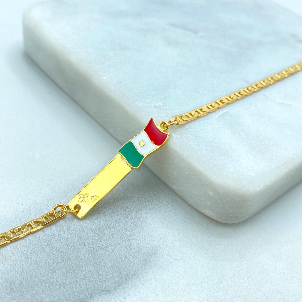 18K Gold Filled and Enamel Mexican Flag ID Mariner Link Bracelet or Stud Earrings Mexican Flag, Patriot Jewelry, Wholesale Jewelry