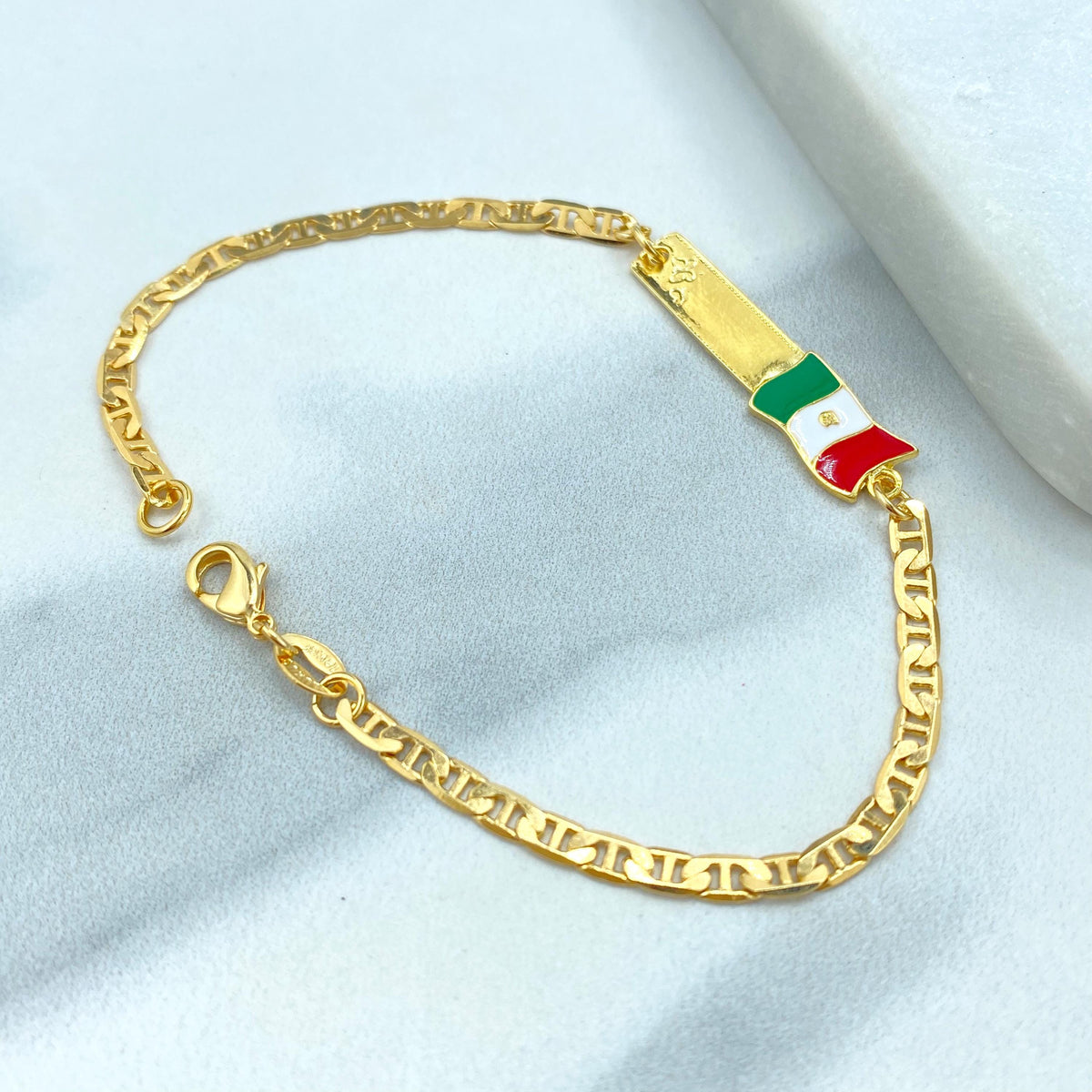 18K Gold Filled and Enamel Mexican Flag ID Mariner Link Bracelet or Stud Earrings Mexican Flag, Patriot Jewelry, Wholesale Jewelry