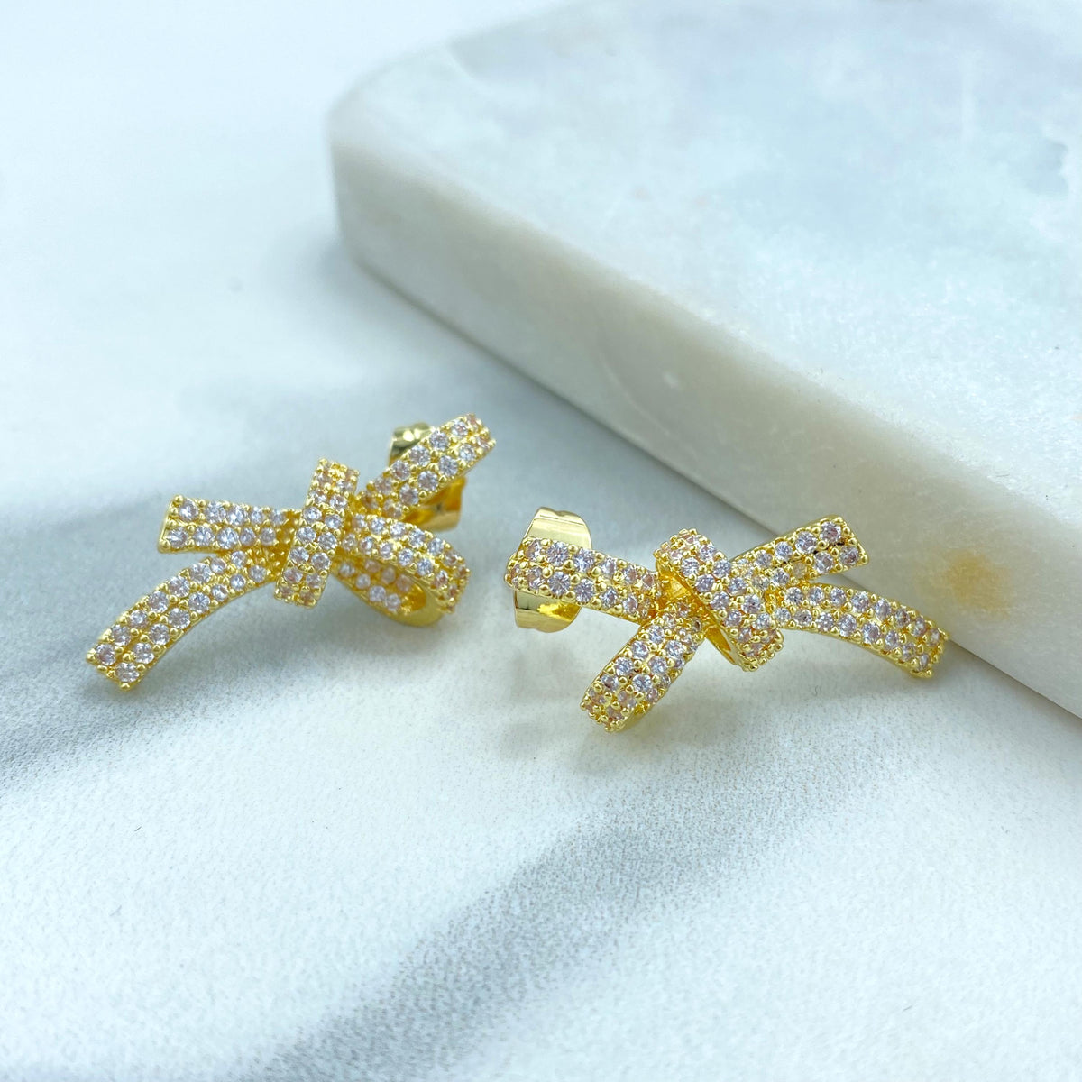 18k Gold Filled 29mm Ribbon Bow Stud Earrings with Micro Pave, Cubic Zirconia, Bow Stud Earrings, Wholesale Jewelry Making Supplies