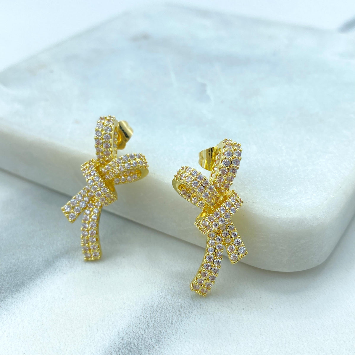 18k Gold Filled 29mm Ribbon Bow Stud Earrings with Micro Pave, Cubic Zirconia, Bow Stud Earrings, Wholesale Jewelry Making Supplies