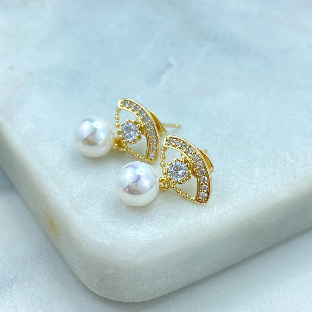 18k Gold Filled Eye of Emotions Studs, Cubic Zirconia Evil Eye Earrings with Dangle Pearl, Protection Stud Earrings, Wholesale Jewelry