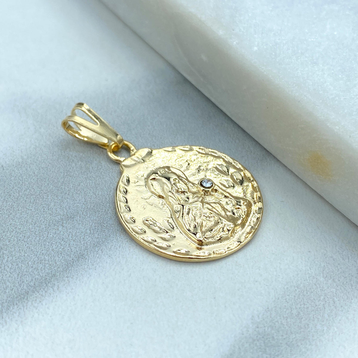 18k Gold Filled Clear Cubic Zirconia Santa Barbara, Saint Barbara Medallion Pendant, Round Religious Charm for Women, Wholesale Jewelry