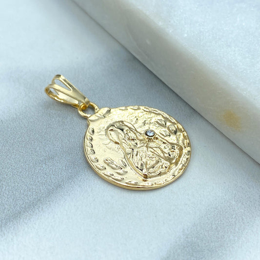 18k Gold Filled Clear Cubic Zirconia Santa Barbara, Saint Barbara Medallion Pendant, Round Religious Charm for Women, Wholesale Jewelry