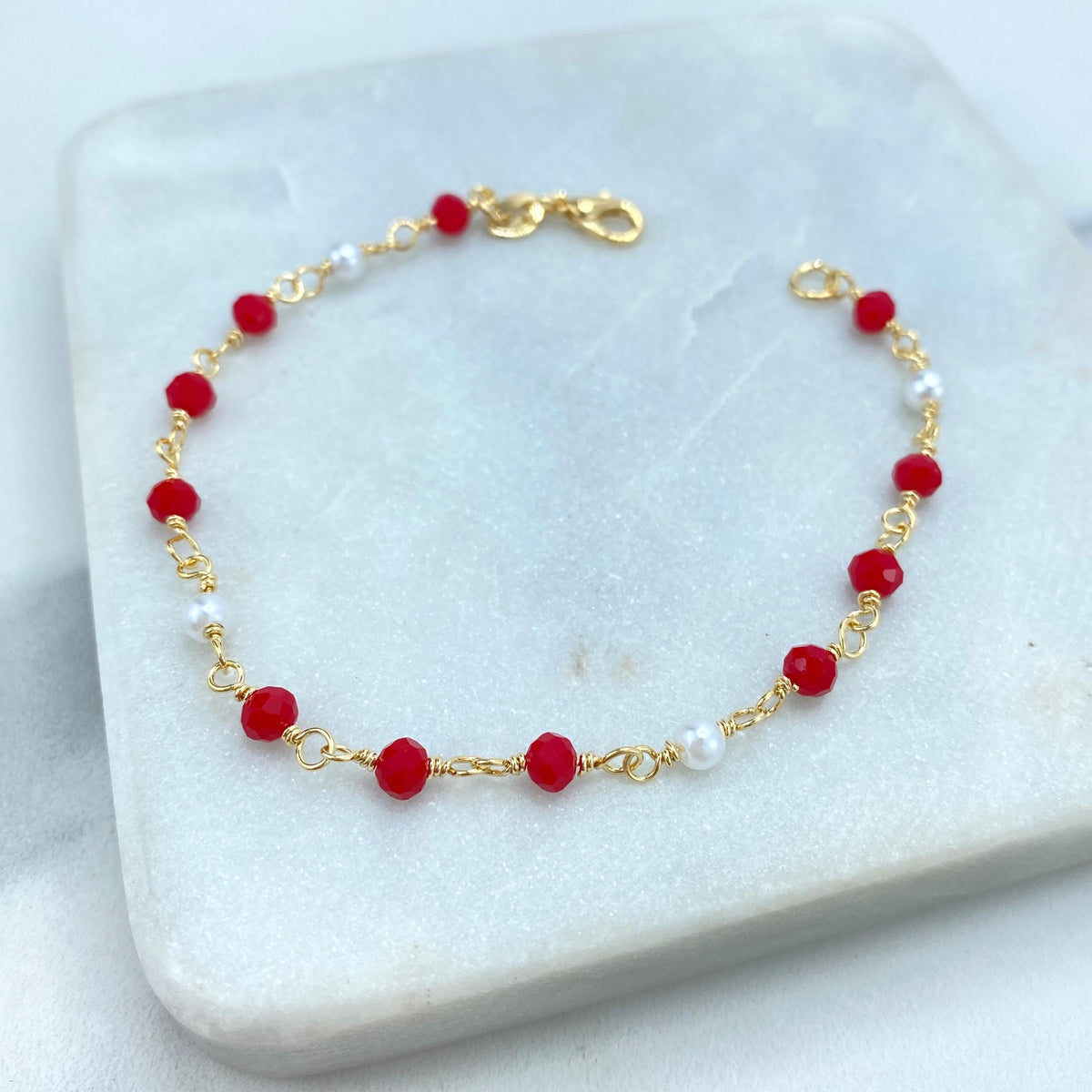 18k Gold Filled Colored Beads Set, Red White Beaded Chain, Necklace, Bracelet or Earrings, Buy as a set or individually, Wholesale Jewelry