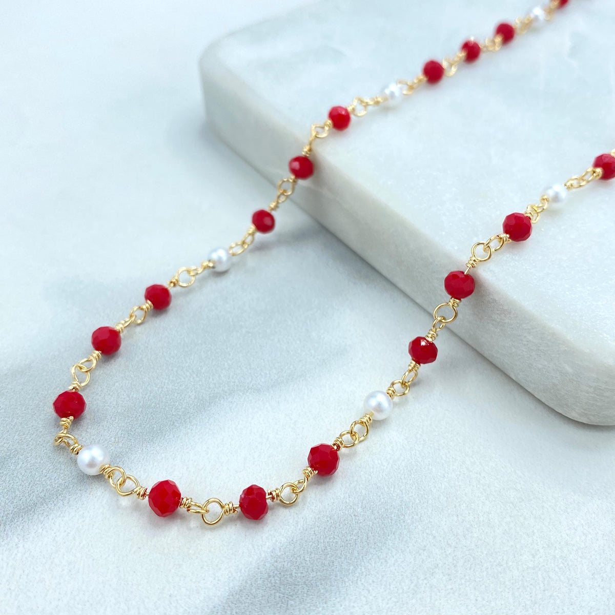 18k Gold Filled Colored Beads Set, Red White Beaded Chain, Necklace, Bracelet or Earrings, Buy as a set or individually, Wholesale Jewelry