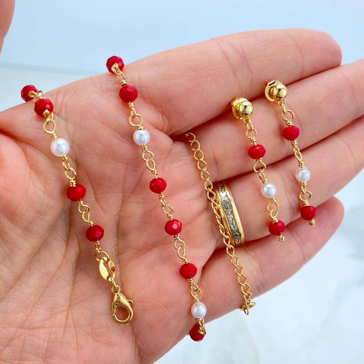 18k Gold Filled Colored Beads Set, Red White Beaded Chain, Necklace, Bracelet or Earrings, Buy as a set or individually, Wholesale Jewelry