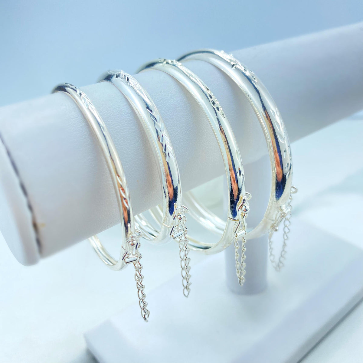 Silver Filled Bangle Bracelets with Safety Clasp and Chain, Florentine Engraved, Available in Adult and Kids Sizes, Wholesale Jewelry