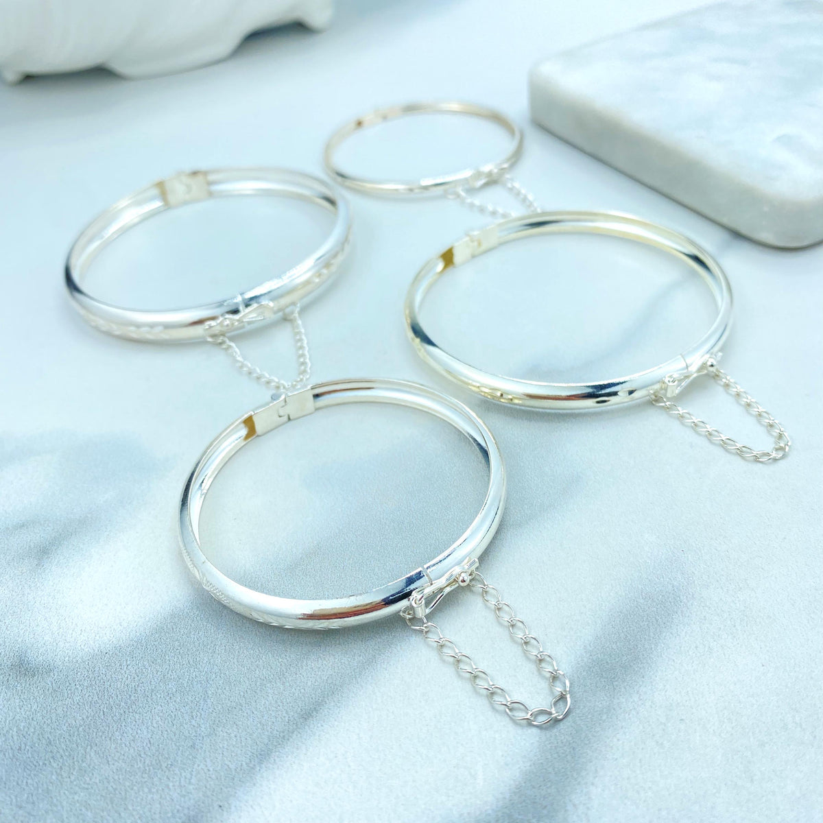 Silver Filled Bangle Bracelets with Safety Clasp and Chain, Florentine Engraved, Available in Adult and Kids Sizes, Wholesale Jewelry