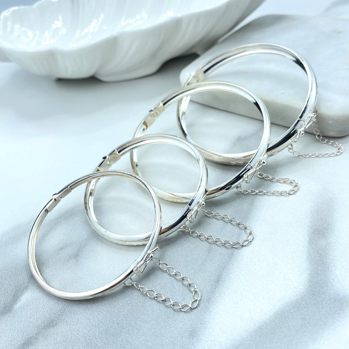 Silver Filled Bangle Bracelets with Safety Clasp and Chain, Florentine Engraved, Available in Adult and Kids Sizes, Wholesale Jewelry