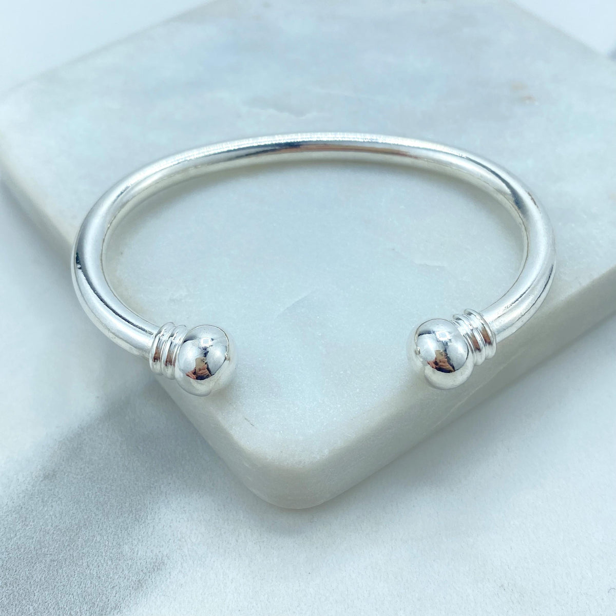 Silver Filled Bangle Featuring Two Solid Balls On Top, Cuff Bracelets, C-Shaped, Classic Bracelet, Fine Bracelet, Wholesale Jewelry Supplies