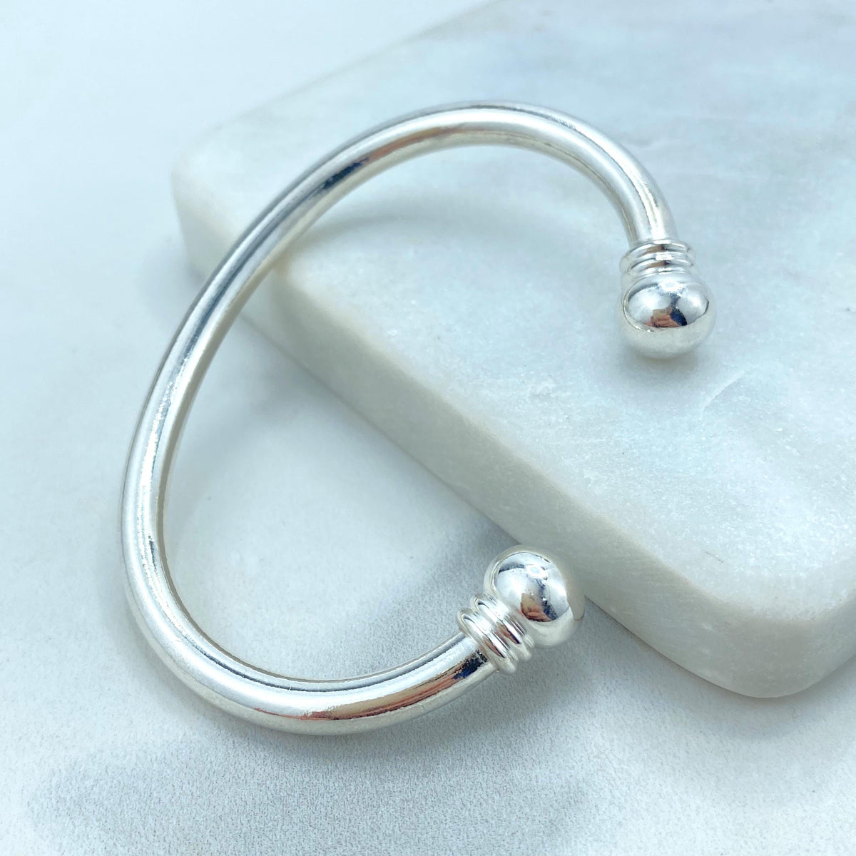 Silver Filled Bangle Featuring Two Solid Balls On Top, Cuff Bracelets, C-Shaped, Classic Bracelet, Fine Bracelet, Wholesale Jewelry Supplies