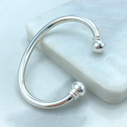 Silver Filled Bangle Featuring Two Solid Balls On Top, Cuff Bracelets, C-Shaped, Classic Bracelet, Fine Bracelet, Wholesale Jewelry Supplies