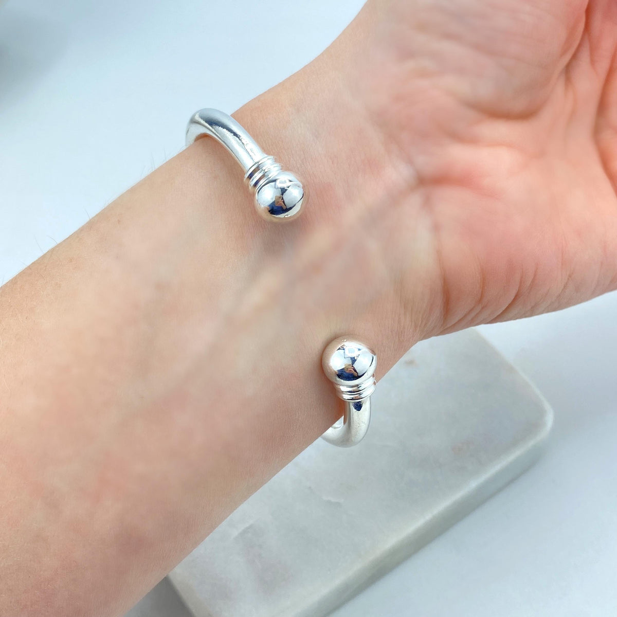 Silver Filled Bangle Featuring Two Solid Balls On Top, Cuff Bracelets, C-Shaped, Classic Bracelet, Fine Bracelet, Wholesale Jewelry Supplies