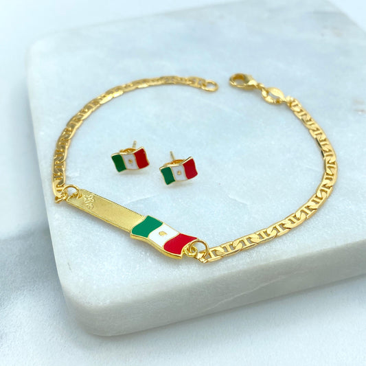 18K Gold Filled and Enamel Mexican Flag ID Mariner Link Bracelet or Stud Earrings Mexican Flag, Patriot Jewelry, Wholesale Jewelry
