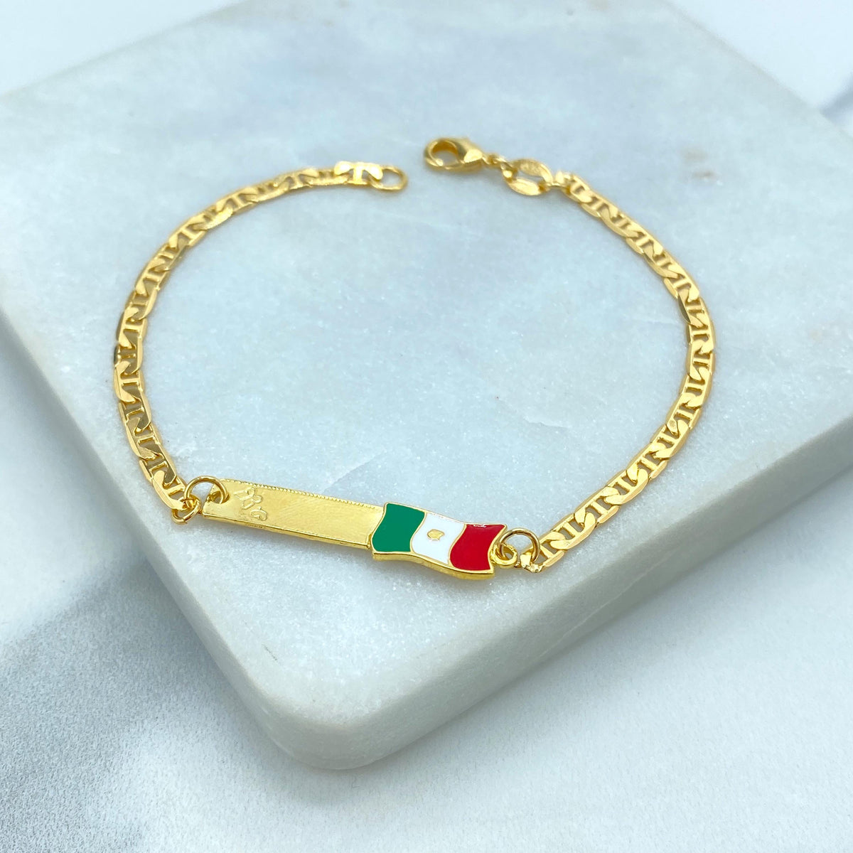 18K Gold Filled and Enamel Mexican Flag ID Mariner Link Bracelet or Stud Earrings Mexican Flag, Patriot Jewelry, Wholesale Jewelry