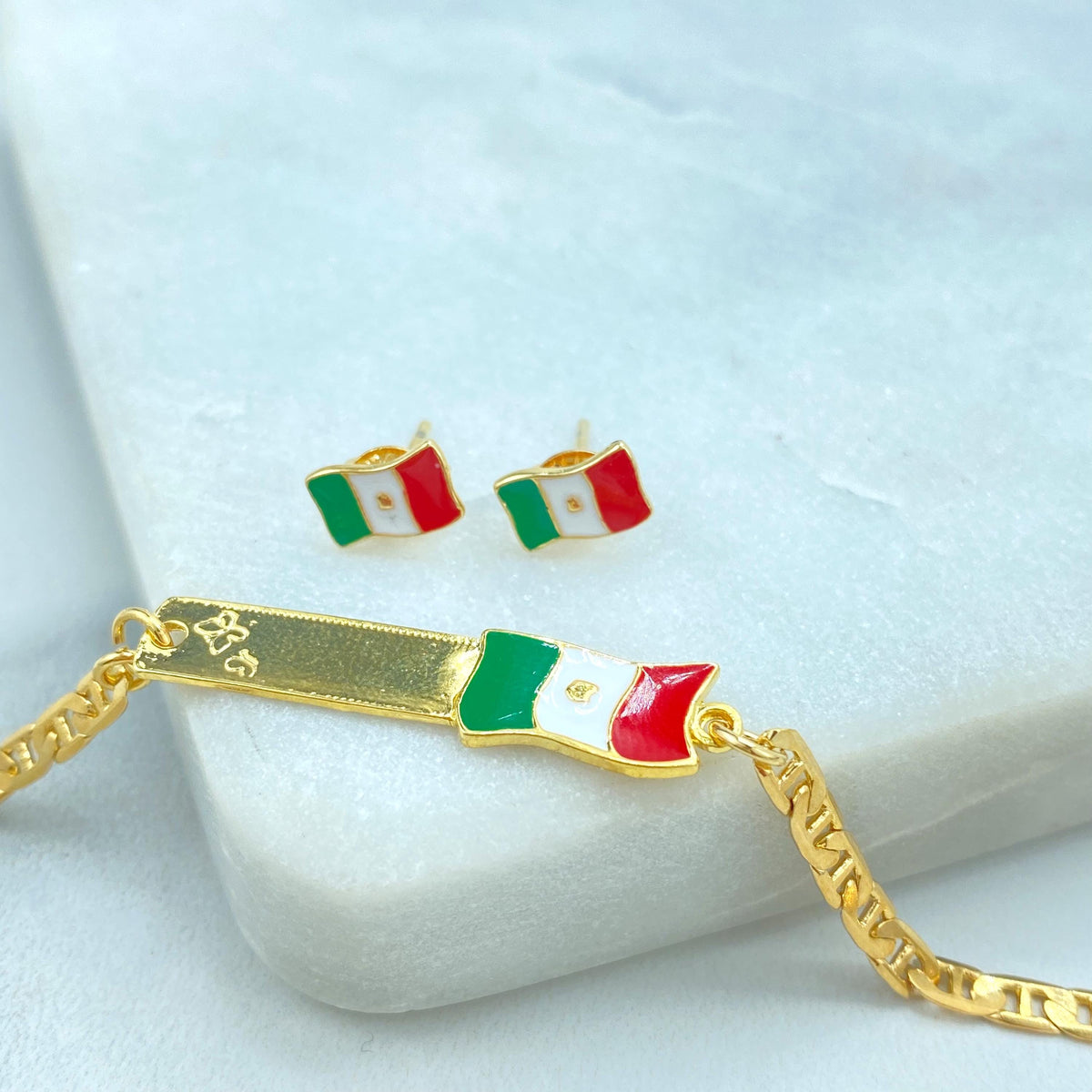 18K Gold Filled and Enamel Mexican Flag ID Mariner Link Bracelet or Stud Earrings Mexican Flag, Patriot Jewelry, Wholesale Jewelry