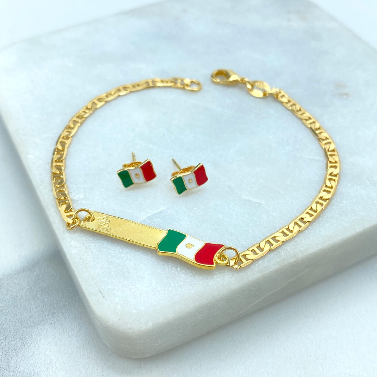 18K Gold Filled and Enamel Mexican Flag ID Mariner Link Bracelet or Stud Earrings Mexican Flag, Patriot Jewelry, Wholesale Jewelry