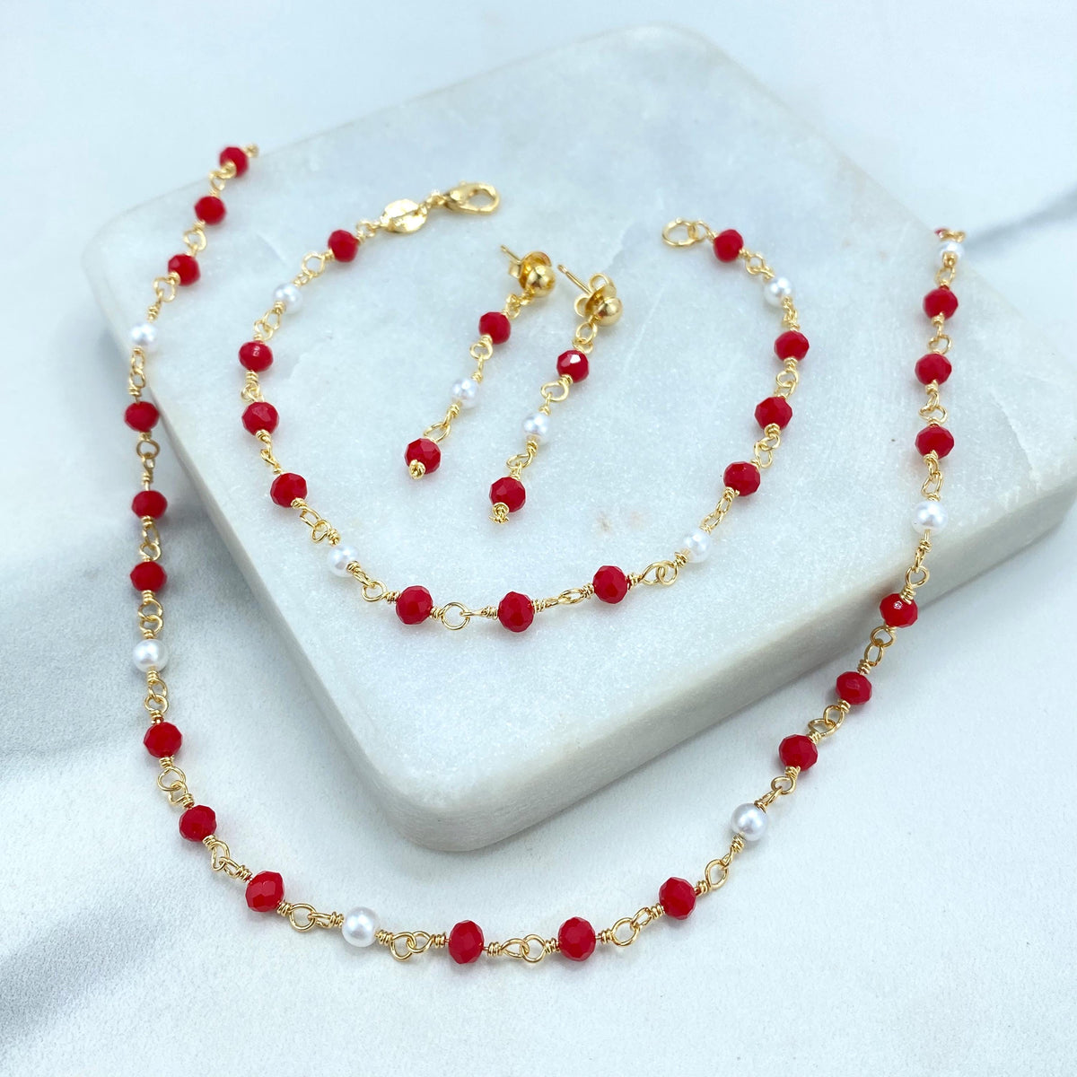 18k Gold Filled Colored Beads Set, Red White Beaded Chain, Necklace, Bracelet or Earrings, Buy as a set or individually, Wholesale Jewelry