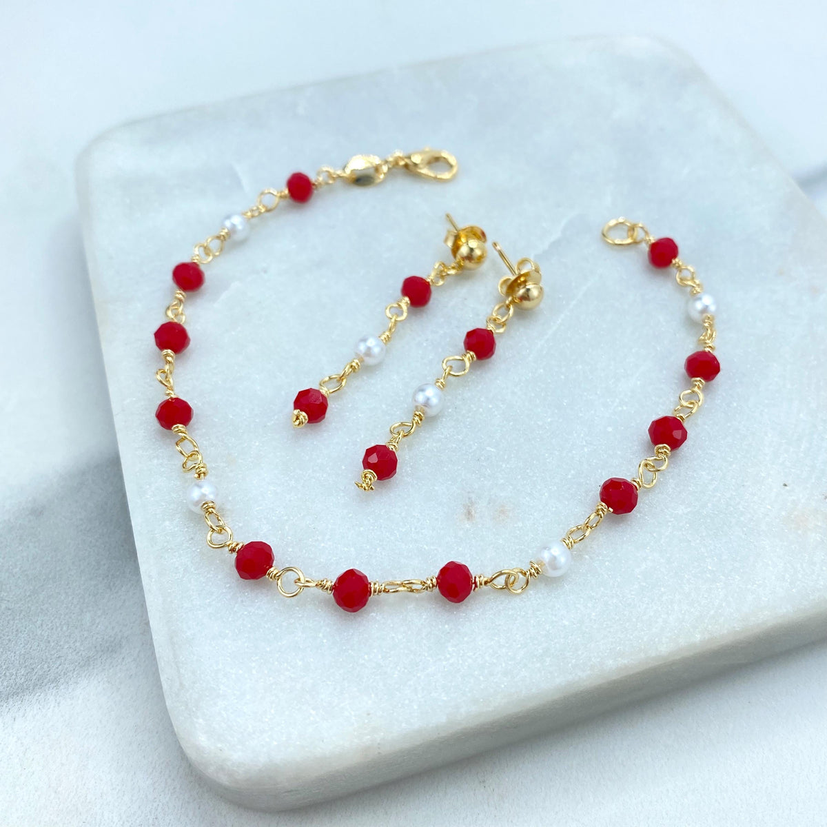 18k Gold Filled Colored Beads Set, Red White Beaded Chain, Necklace, Bracelet or Earrings, Buy as a set or individually, Wholesale Jewelry