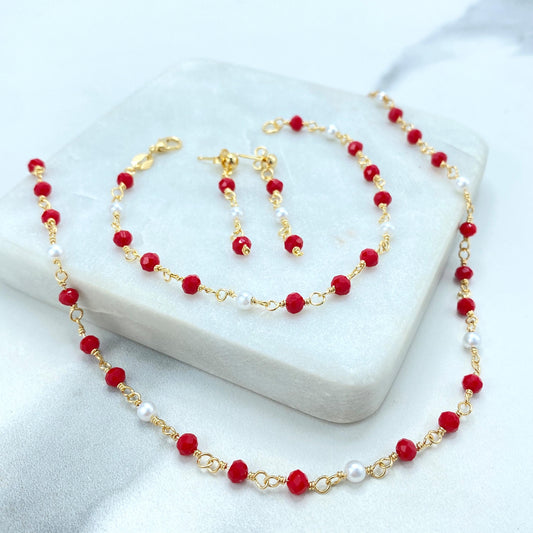 18k Gold Filled Colored Beads Set, Red White Beaded Chain, Necklace, Bracelet or Earrings, Buy as a set or individually, Wholesale Jewelry