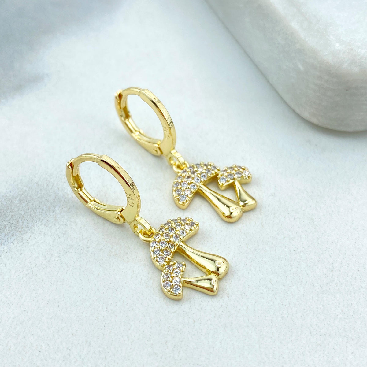 18k Gold Filled Mushroom Jewelry Set, Necklace and Dangle Charm Huggie Earrings, Micro Pave Cubic Zirconia Mushroom Set, Wholesale Jewelry