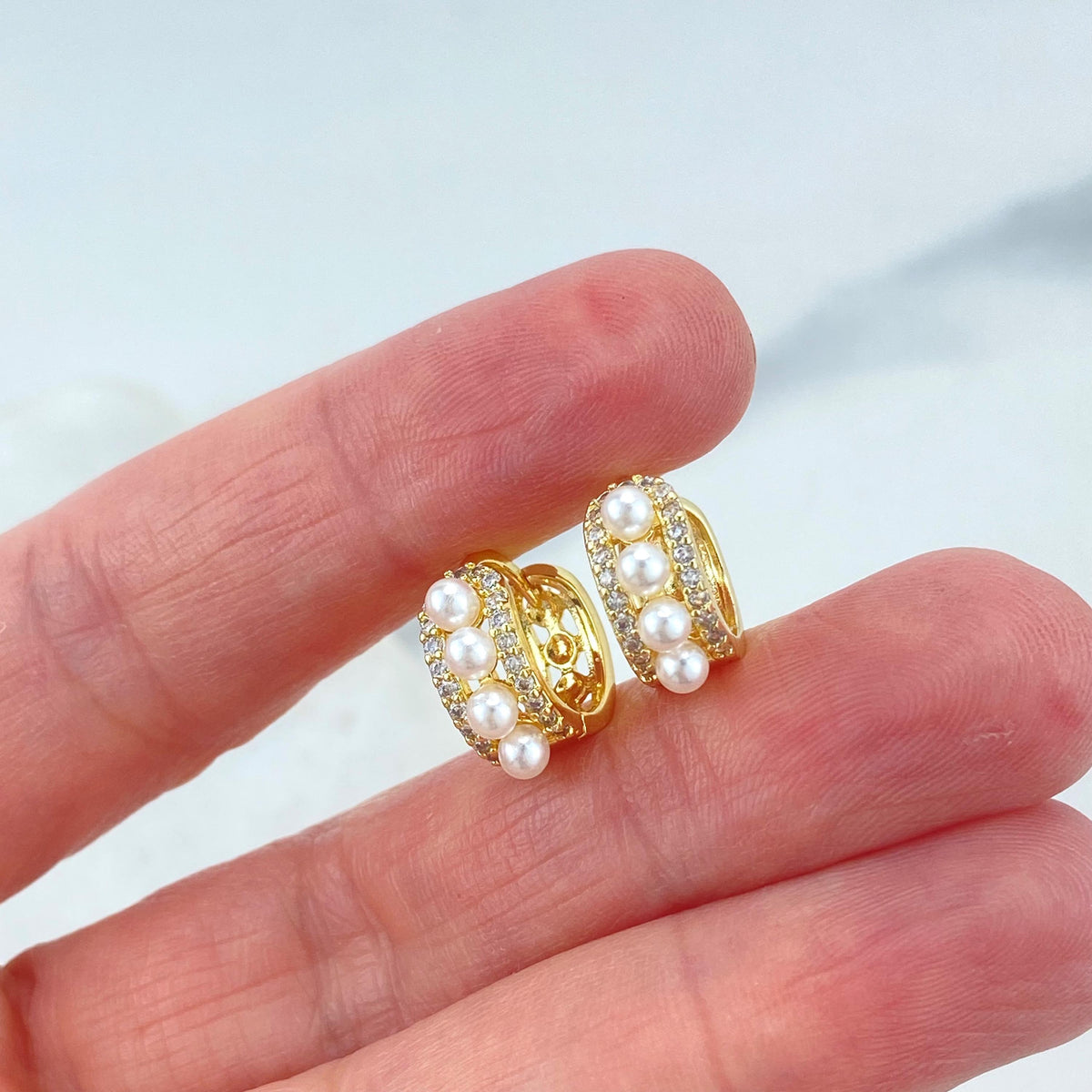 18k Gold Filled Timeless Huggie Earrings, with Micro Cubic Zirconia and Pearl, Fine Huggie, Classic and Minimalist Huggie, Wholesale Jewelry