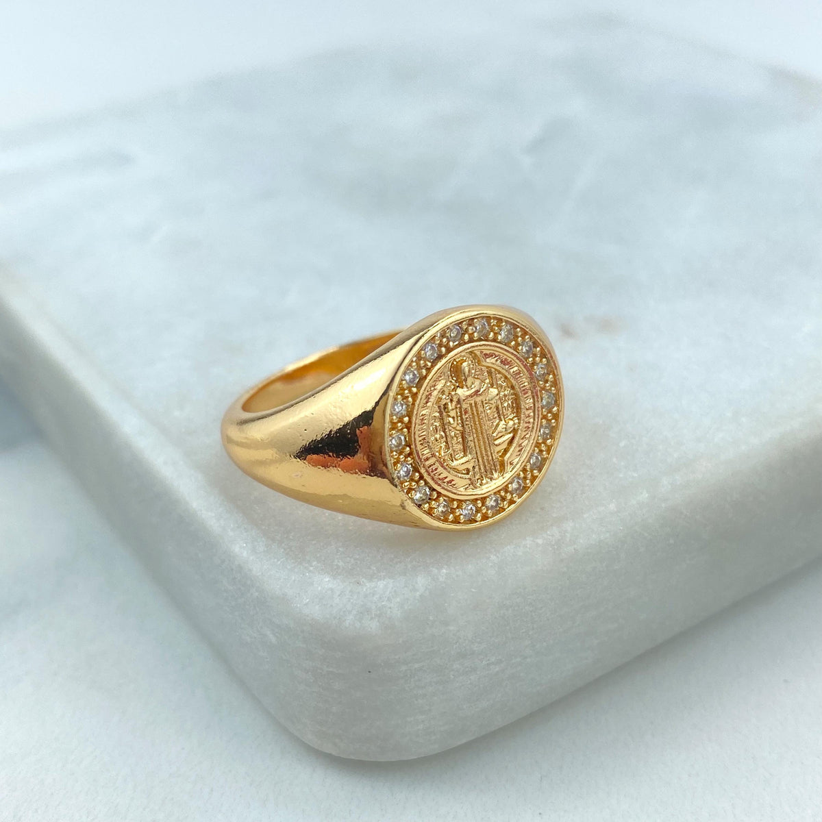 18k Gold Filled Saint Benedict Medal Ring with Micro Cubic Zirconia , San Benito Medal Ring, Catholic Jewelry for Wholesale and Supplies