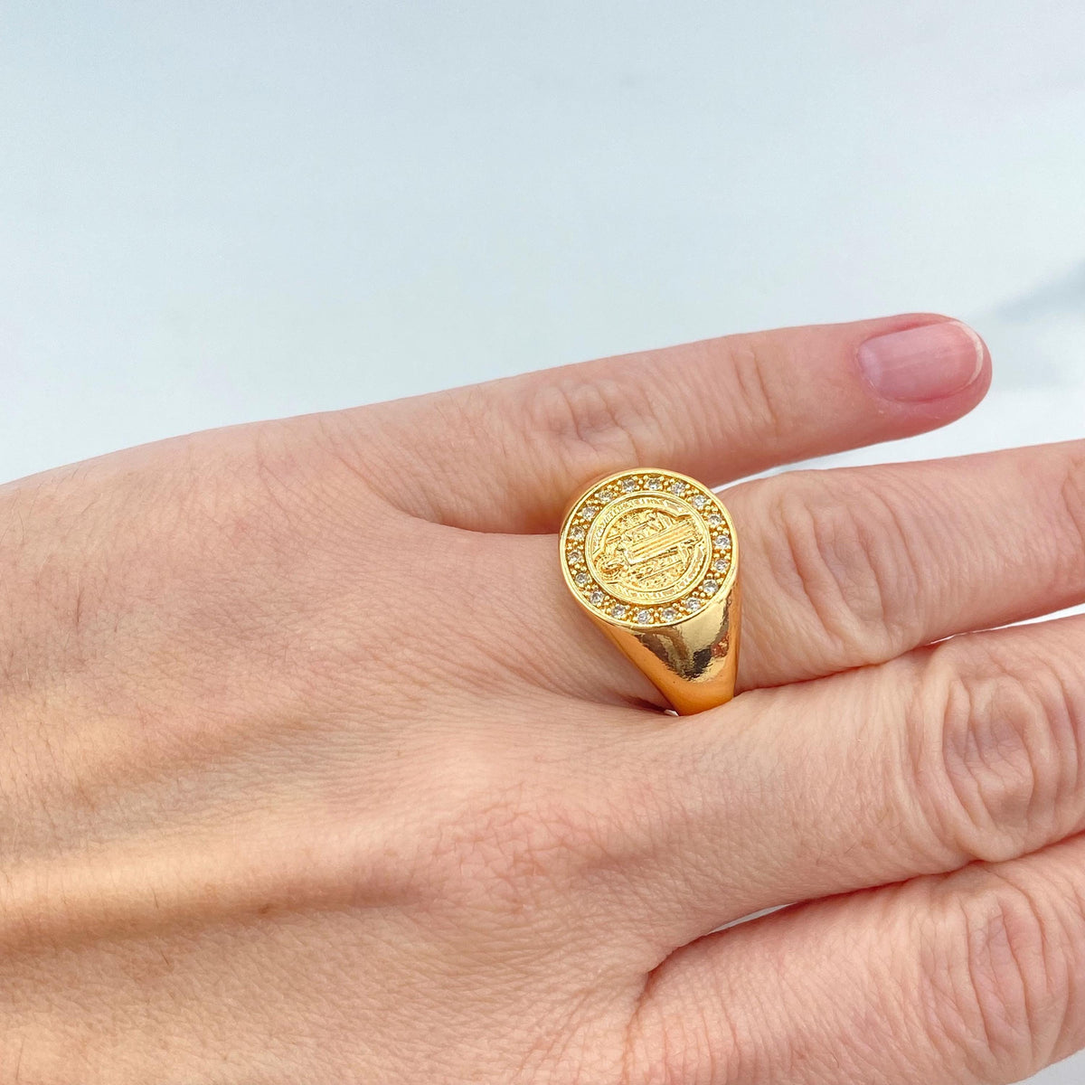 18k Gold Filled Saint Benedict Medal Ring with Micro Cubic Zirconia , San Benito Medal Ring, Catholic Jewelry for Wholesale and Supplies