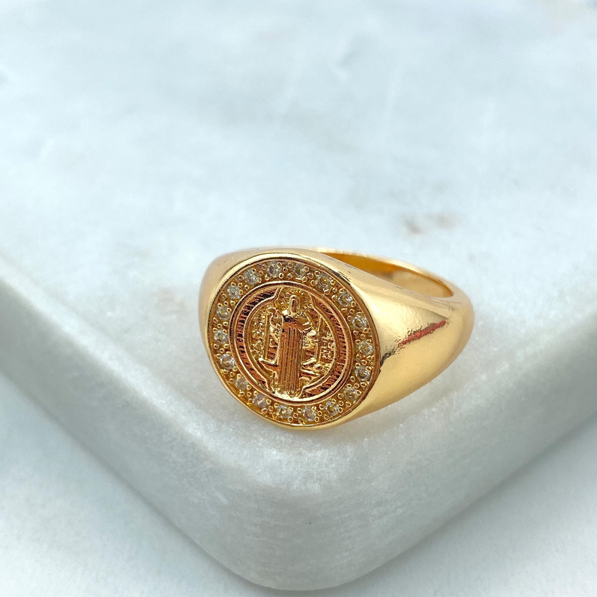 18k Gold Filled Saint Benedict Medal Ring with Micro Cubic Zirconia , San Benito Medal Ring, Catholic Jewelry for Wholesale and Supplies