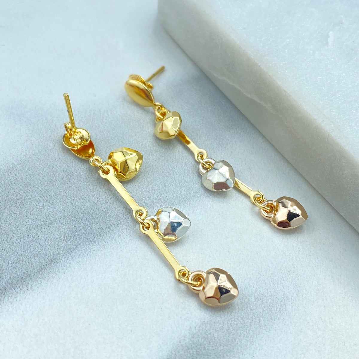 18k Gold Filled Dangle and Drop Earrings with Tri-Tone Hearts, Three-Tone Hearts Earrings, Drop Hearts Earrings, Wholesale Jewelry